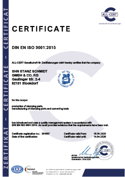 SHN Stanz Schmidt Zertifikat Qualitätssicherung englisch
